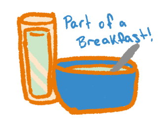 a cup of slightly green milk next to a bowl of cereal