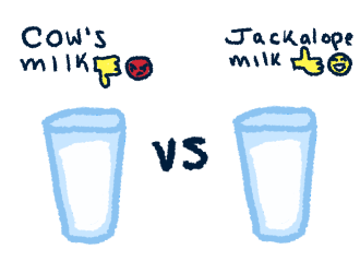 two identical cups side by side, in which the 'cows milk' is labelled bad and the 'jackalope milk' is labelled good